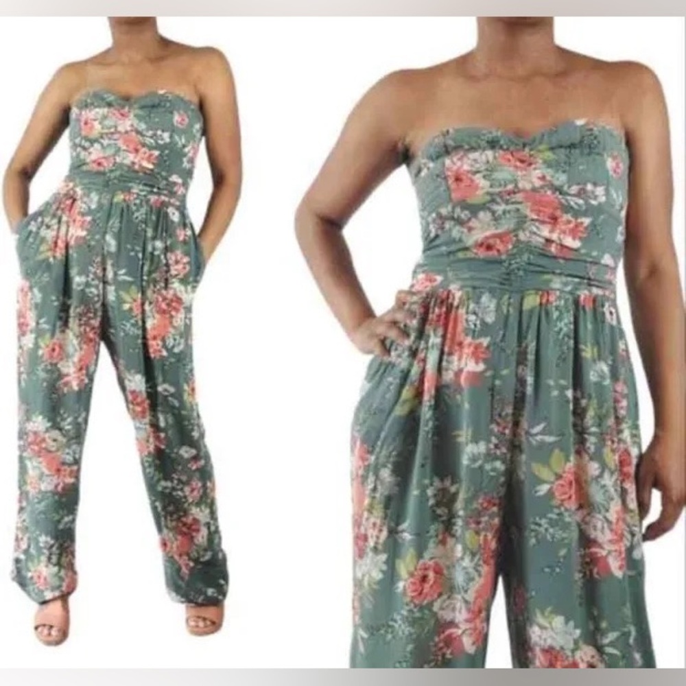 Band Of Gypsies Strapless Jumpsuit Wide Leg Green Floral Bustier Smocked Size XL